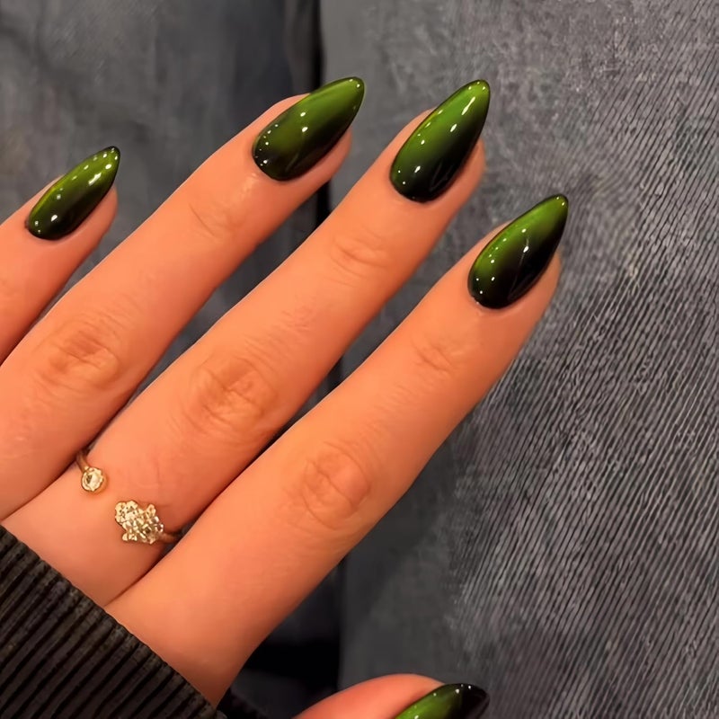 KQueenest Neon Green Cat Eye Press on Nails Almond, 30 Pcs Glitter Fake Nails Medium Stiletto, Bright Vibrant Lime Green Black Nails Press ons, Gothic Shiny Bling Stick on Nails for Women Party Prom - Image 2